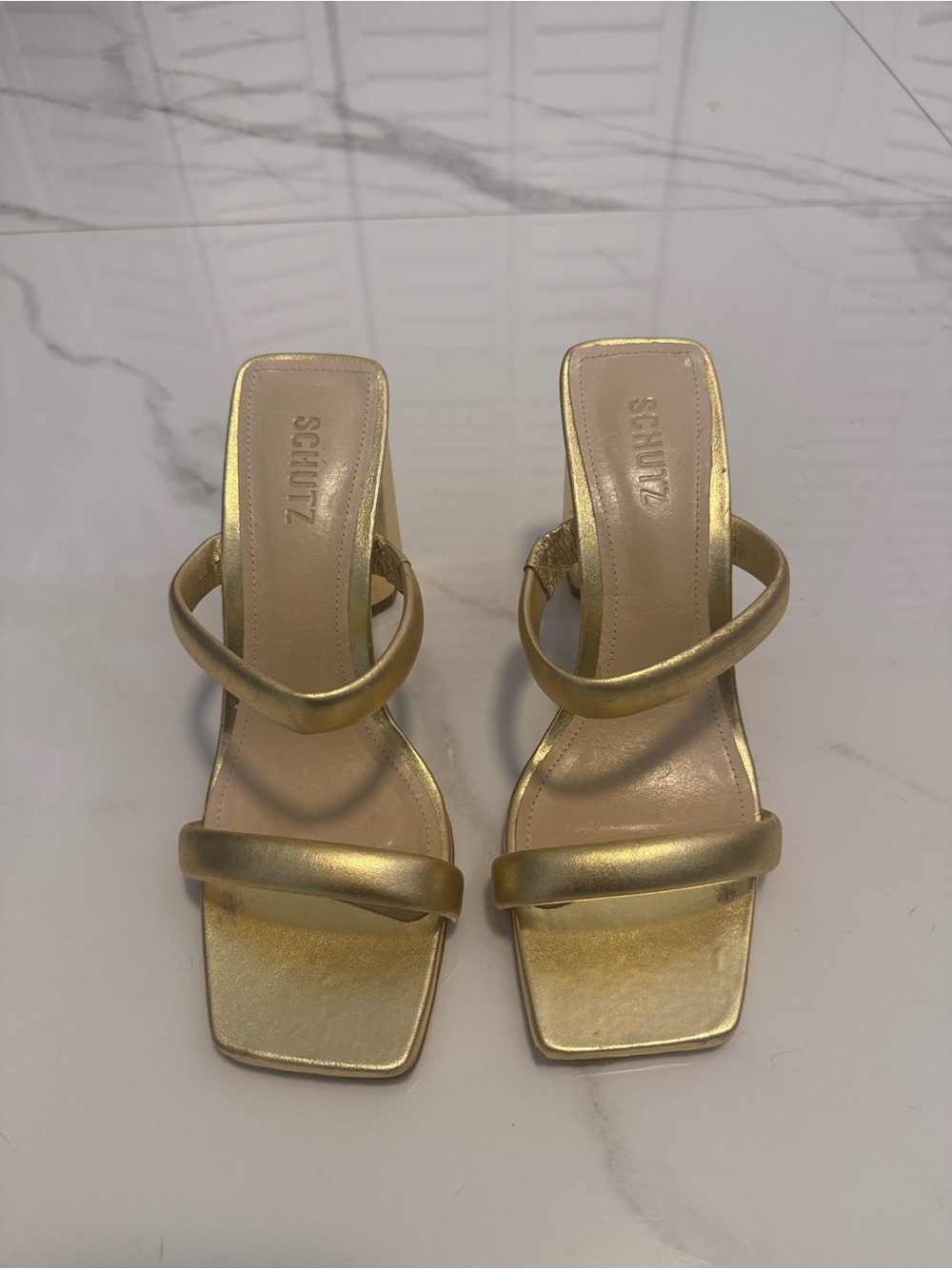 SCHUTZ Metallic Gold Double-Strap Square-Toe Heels